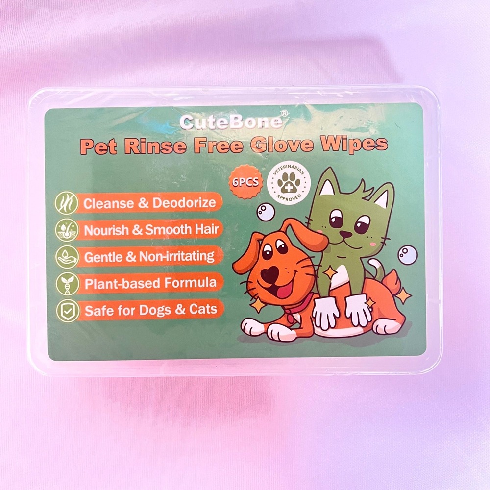 CuteBone Pet Rinse Free Glove Wipe 6 Count for Dogs and Cats Plant-Based Formula
